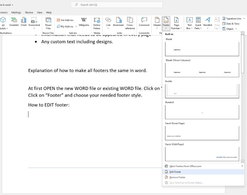How to make all footers the same in word