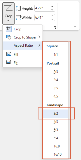 aspect ratio option selection