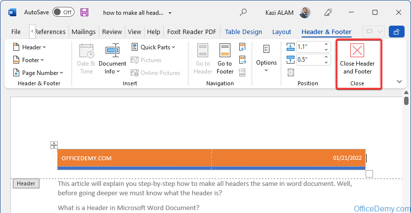 close and apply header in word