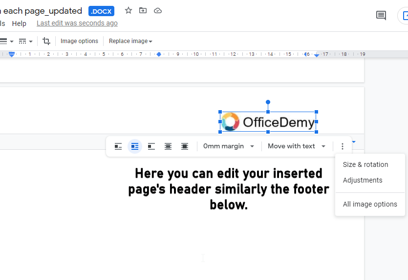 Edit header footer for new page google docs