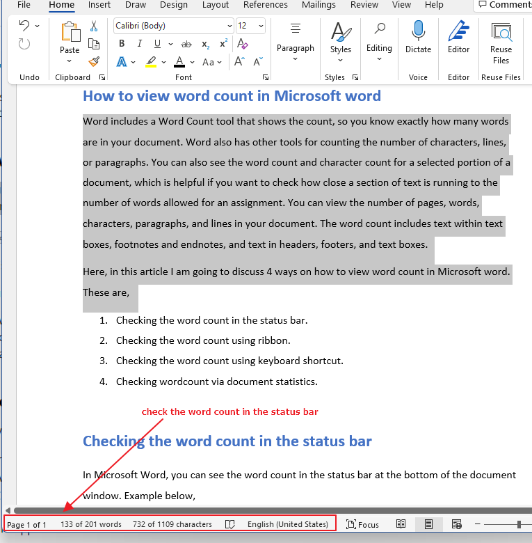 How to check the word count in the status bar
