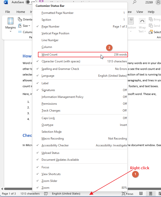 To enable word count in status bar