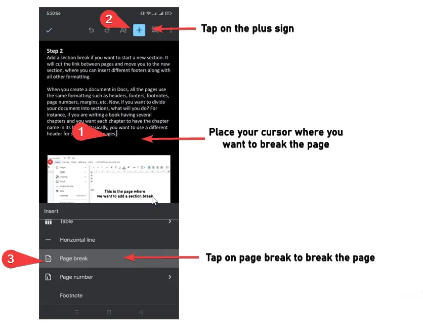 adding a page break using mobile app