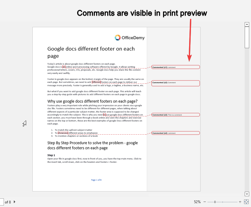 comments are visible in print preview now click enter to print