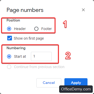 in the Page numbers menu choose where to postion the numbers.