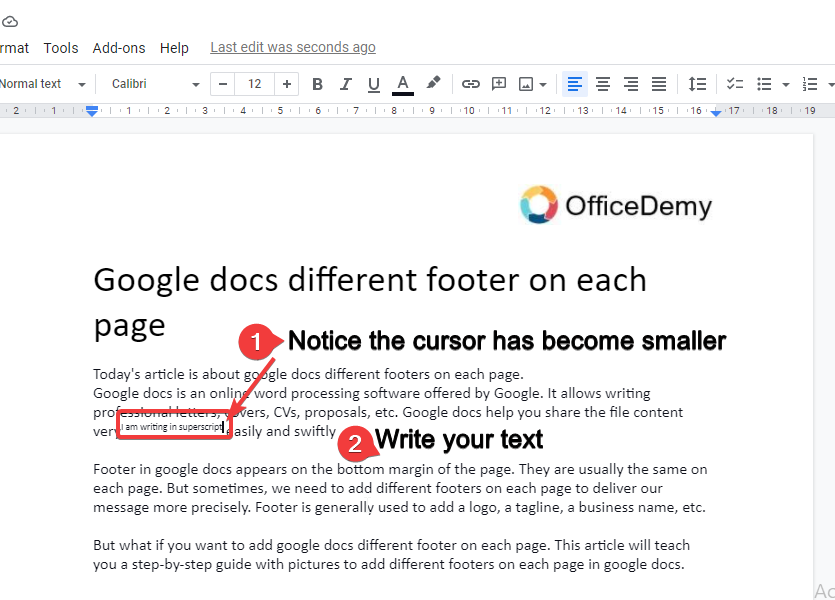 now cursor will become small start writing your text