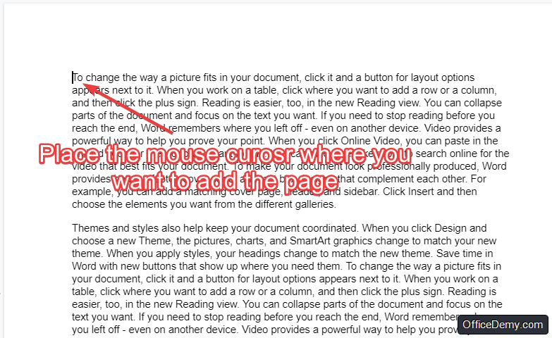 place the mouse cursor where you want to add a new page in google docs