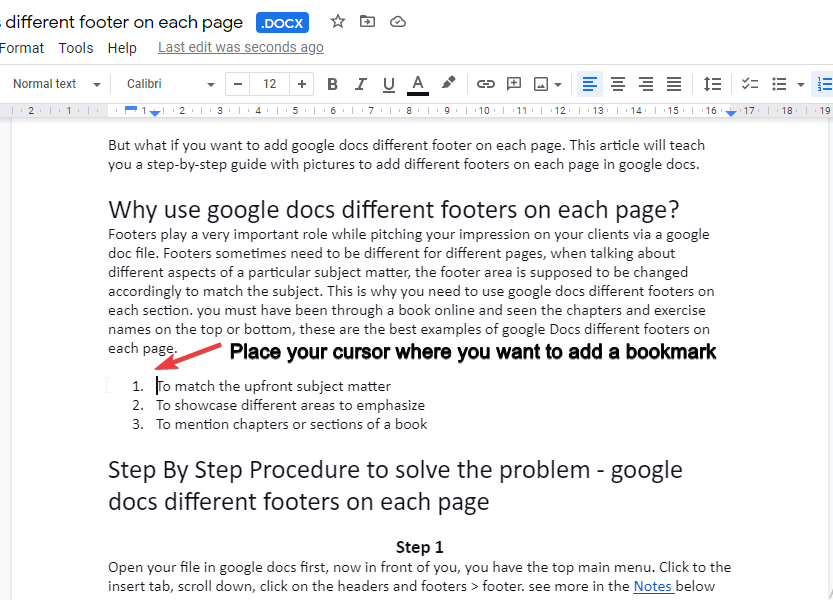 place your cursor where you want to add bookmark