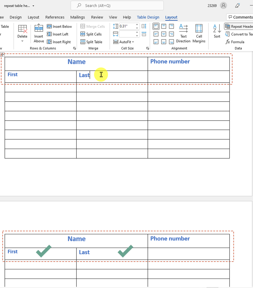 opschorten In tegenspraak Vesting How To Repeat Table Header in Microsoft Word - OfficeDemy.com