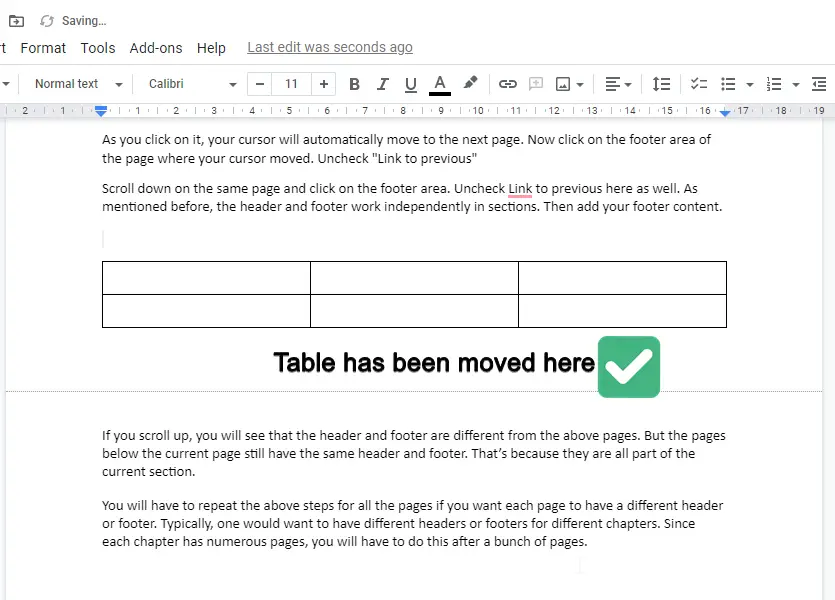 table has been moved in google docs