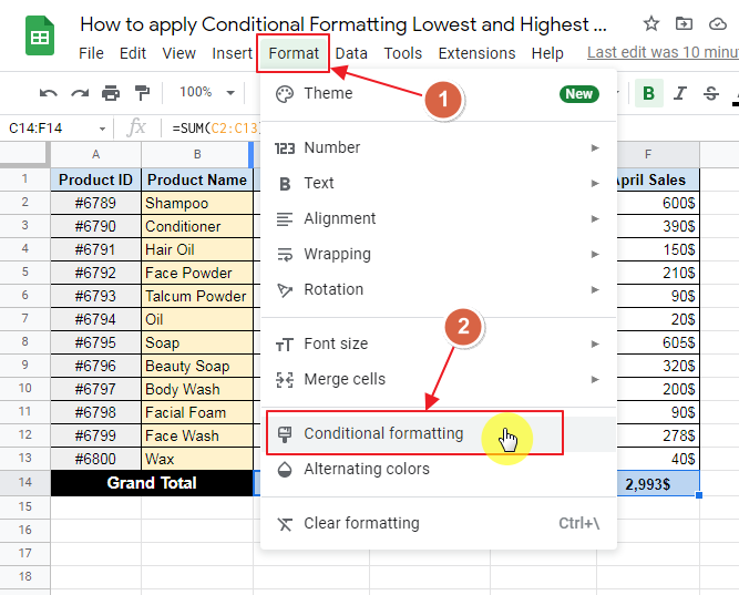 How to apply conditional formatting lowest and highest value in row google sheets 3