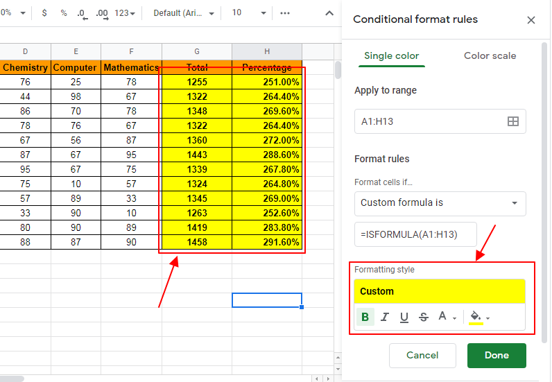 How to apply google sheets conditional formatting if cell contains formula 10