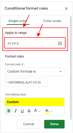 How to apply google sheets conditional formatting if cell contains formula 16