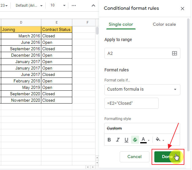 How to apply google sheets conditional formatting strikethrough 10