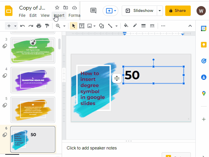 How to insert degree symbol in google slides 1