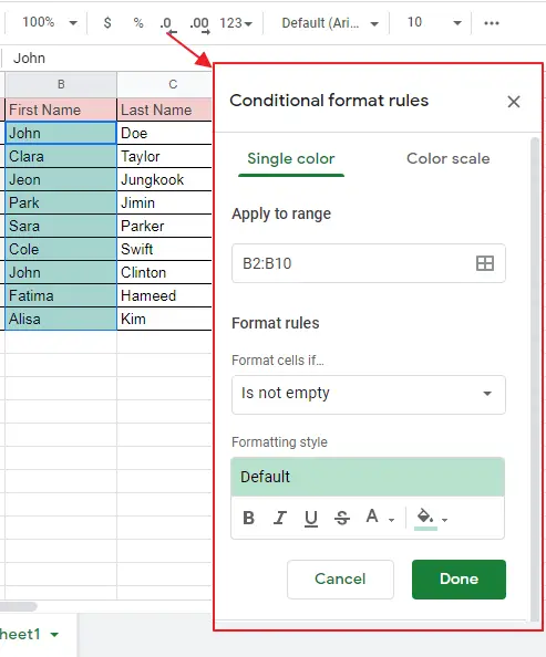 conditional formatting if box is checked google sheets 4