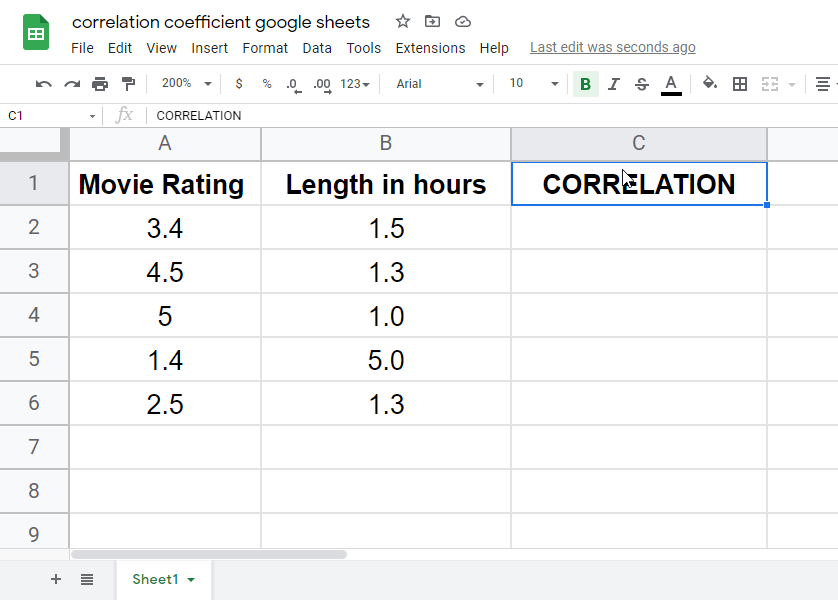 correlation coefficient google sheets 1