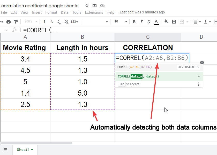 correlation coefficient google sheets 2