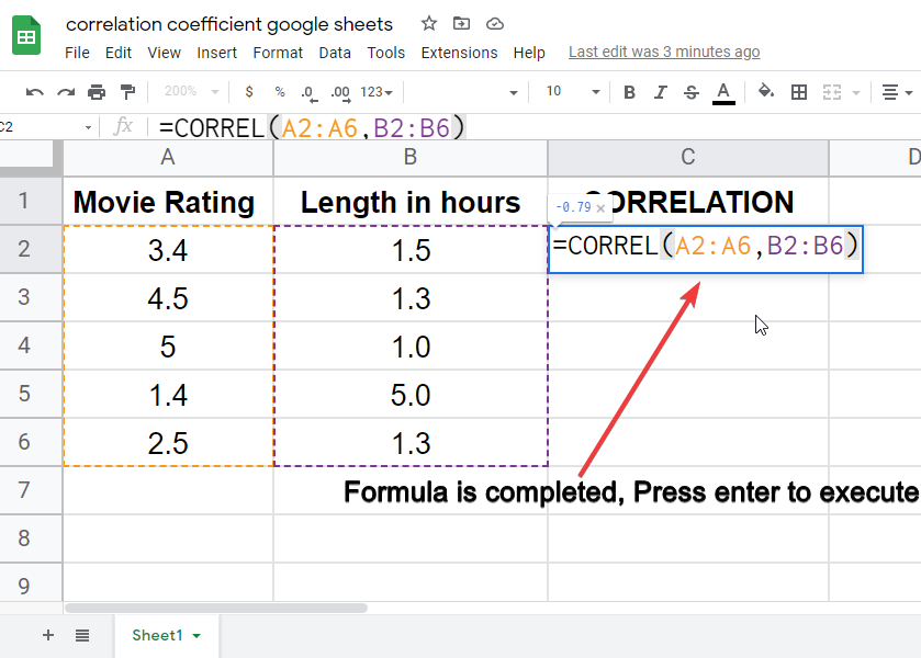 correlation coefficient google sheets 3