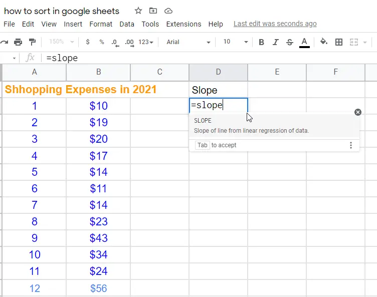 how to find slope on google sheets a.2