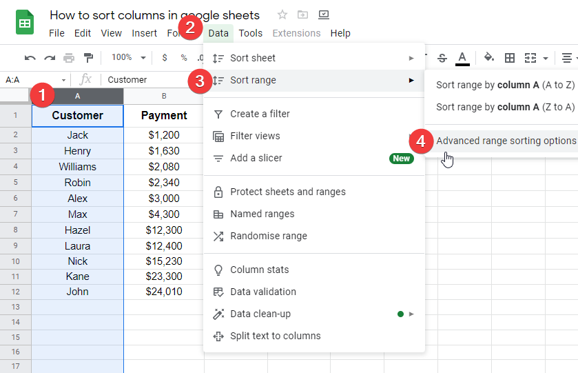 how to sort columns in google sheets 2