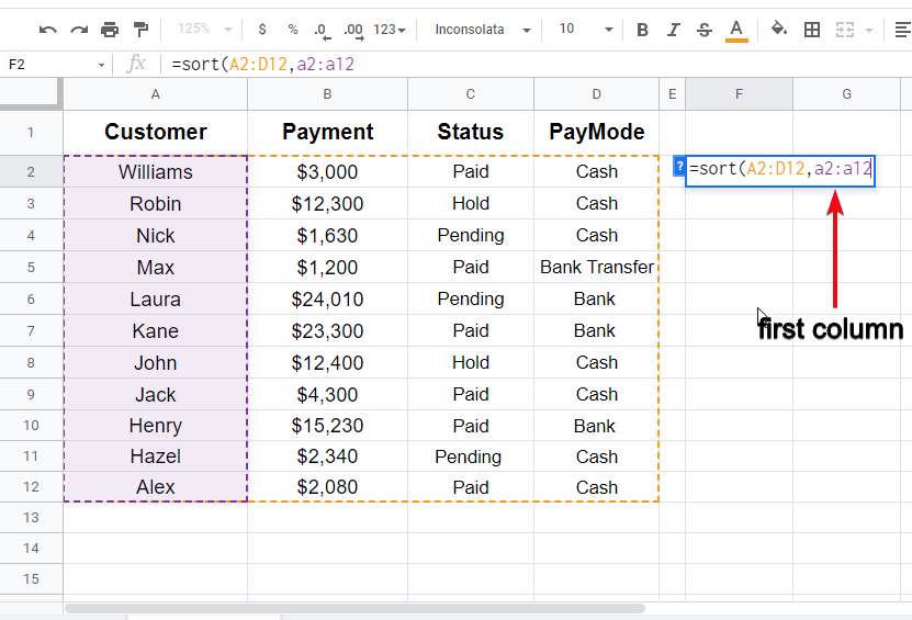 how to sort columns in google sheets f2.1