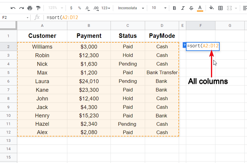 how to sort columns in google sheets f2