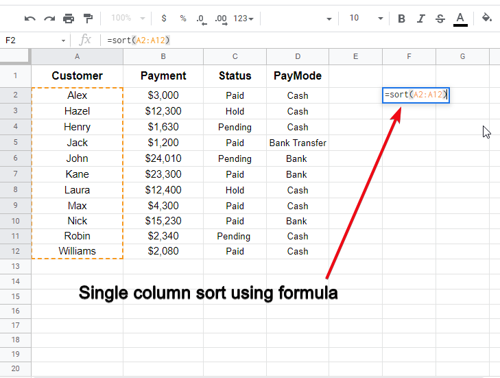 how to sort google sheets f1