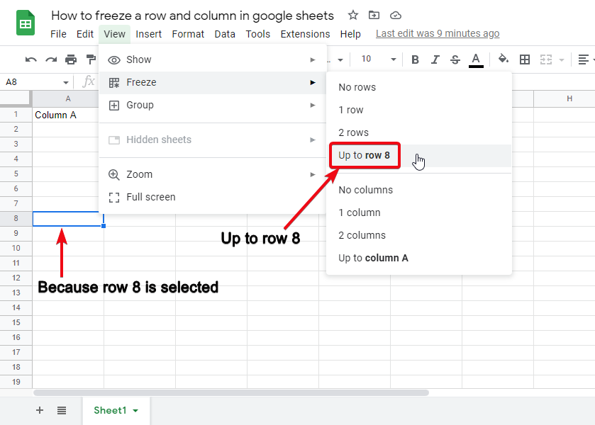 How to freeze a row and column in google sheets 6
