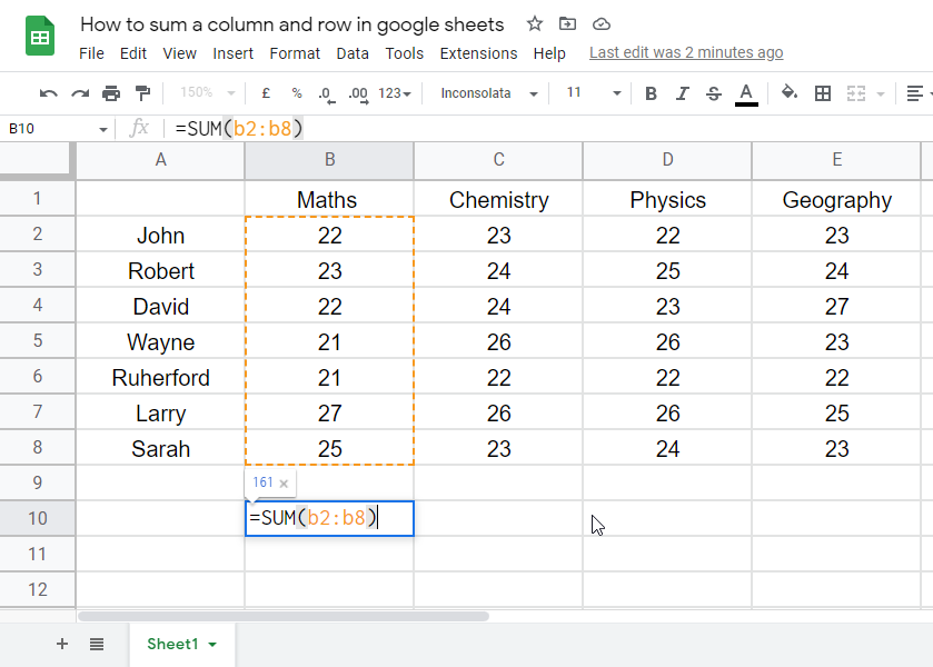 How to sum a column and row in google sheets 10