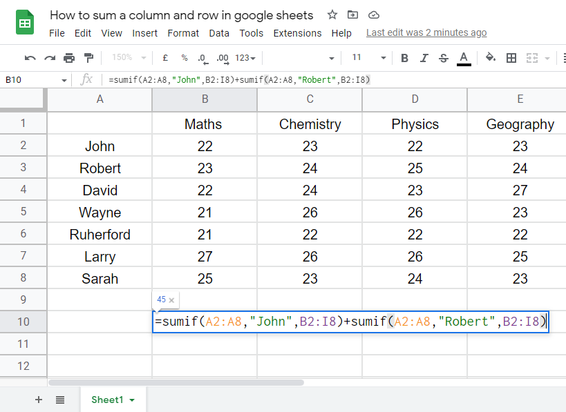 How to sum a column and row in google sheets 14