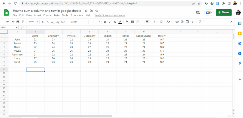 How to sum a column and row in google sheets