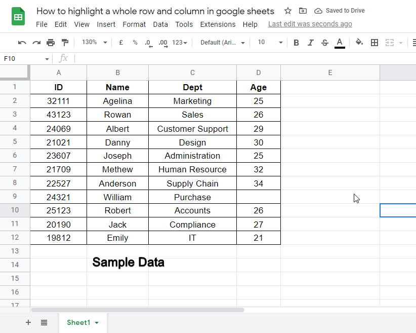 how to highlight a whole column and row in google sheets 1