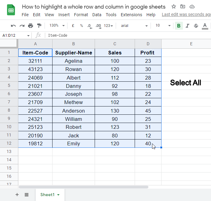 how to highlight a whole column and row in google sheets 18
