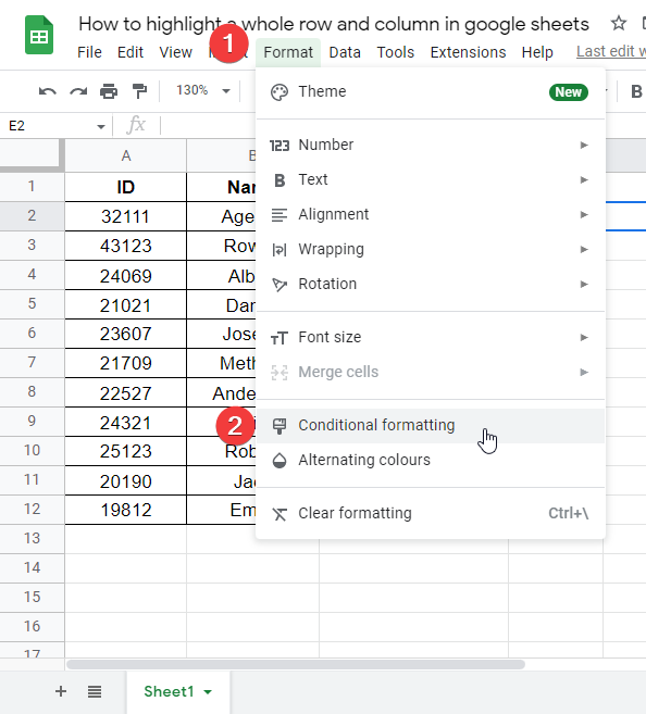 how to highlight a whole column and row in google sheets 2