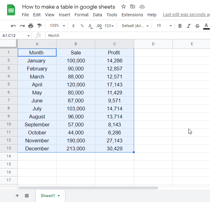 how to make a table in google sheets 1