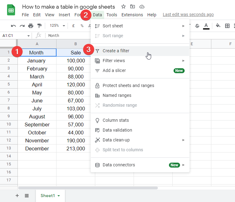 how to make a table in google sheets 2