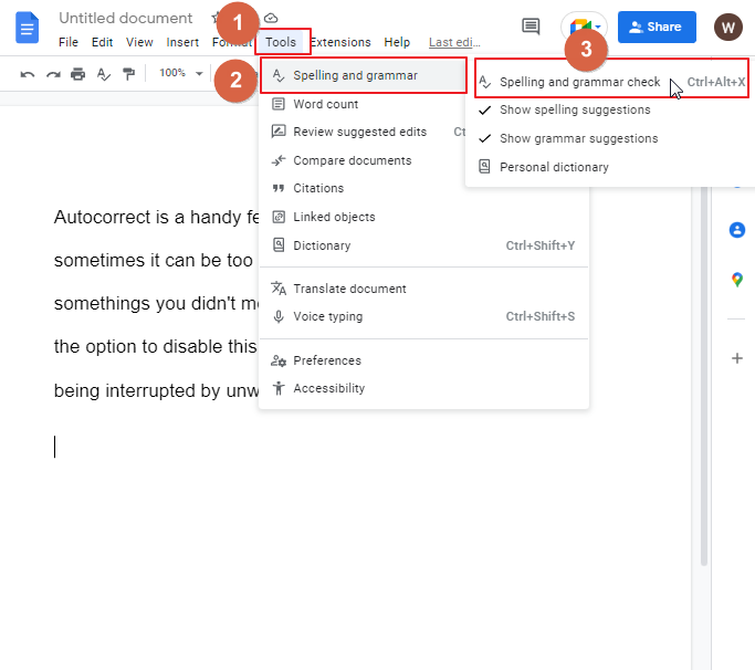 how to turn off and turn on autocorrect in google docs 15