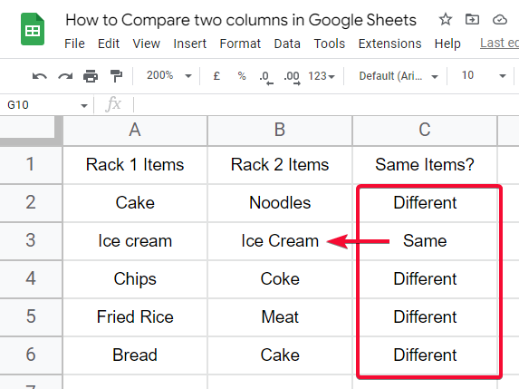how to Compare two columns in Google Sheets 12