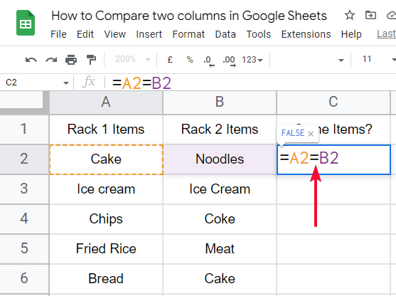 how to Compare two columns in Google Sheets 3