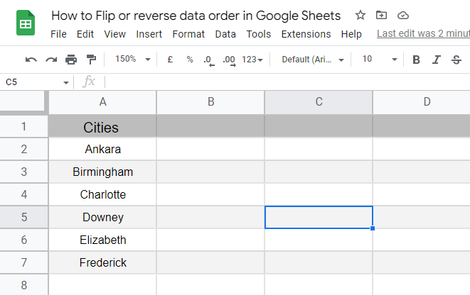 how to Flip or reverse data order in Google Sheets 1