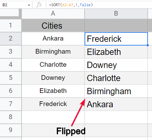how to Flip or reverse data order in Google Sheets 10