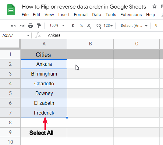 how to Flip or reverse data order in Google Sheets 2