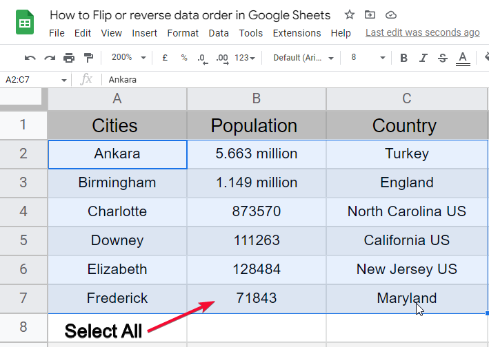 how to Flip or reverse data order in Google Sheets 12