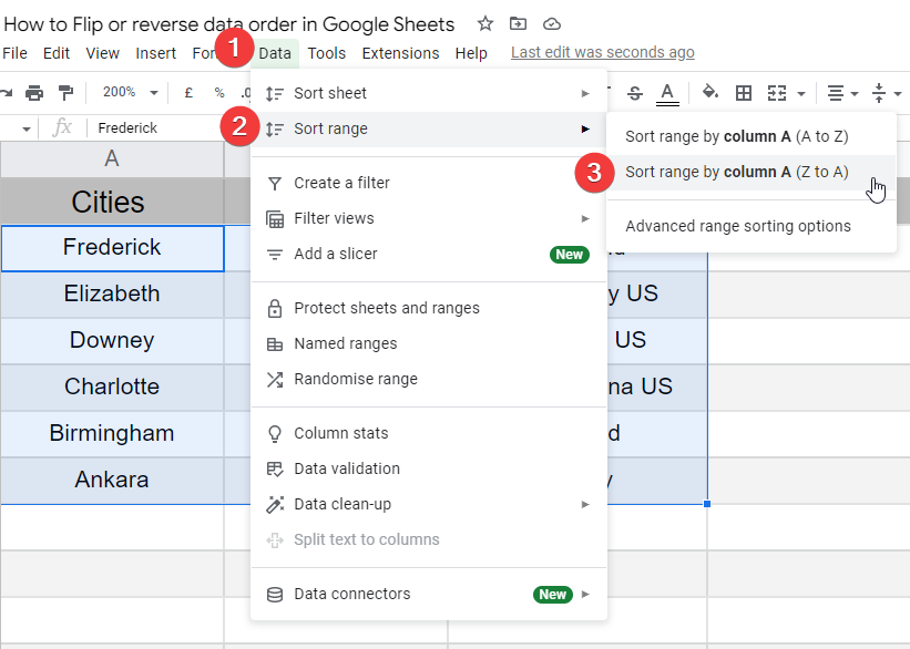 how to Flip or reverse data order in Google Sheets 13