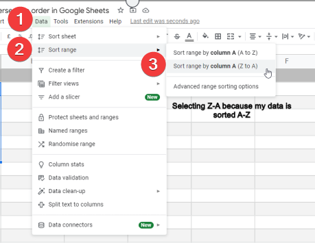 how to Flip or reverse data order in Google Sheets 3