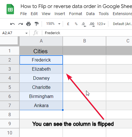 how to Flip or reverse data order in Google Sheets 4