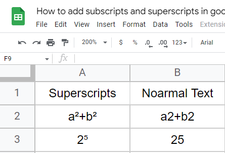 how to add subscripts and superscripts in google sheets 2