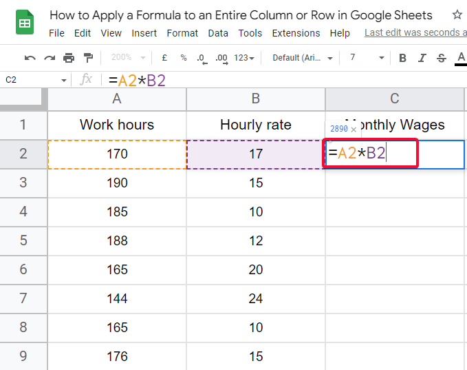 how to apply a formula to an entire column or row in Google Sheets 2