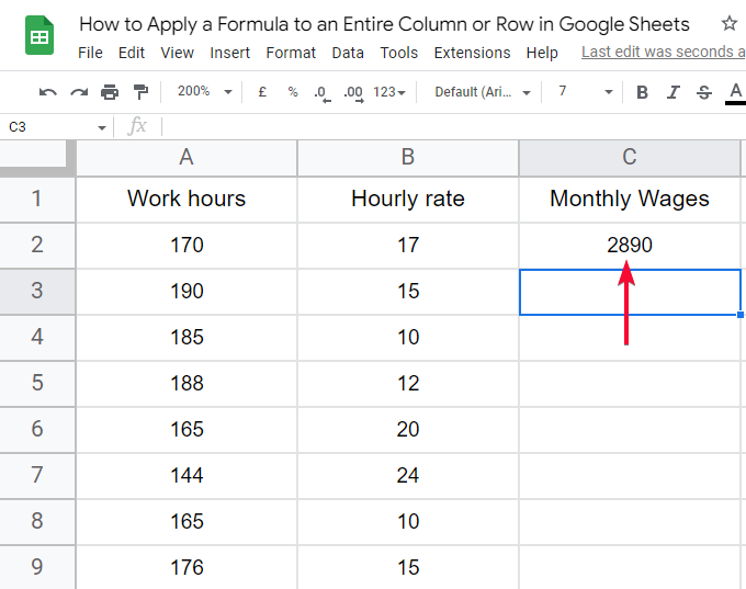how to apply a formula to an entire column or row in Google Sheets 3